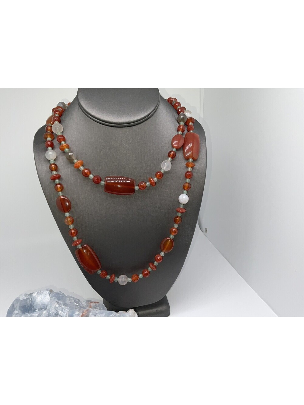 Red Stripe Agate Eye Beads & Jadeite Beads Strand Necklace